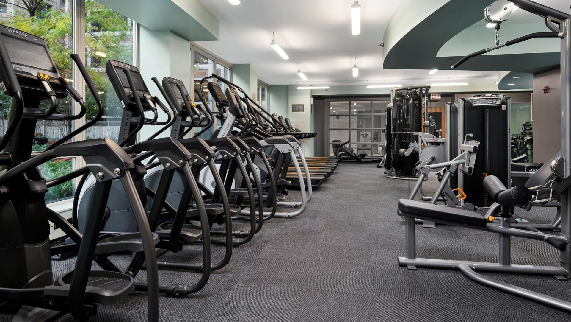 Resident fitness center at 215 West apartments in Chicago with rows of ellipticals and treadmills, strength machines, and windowed views of landscaped grounds
