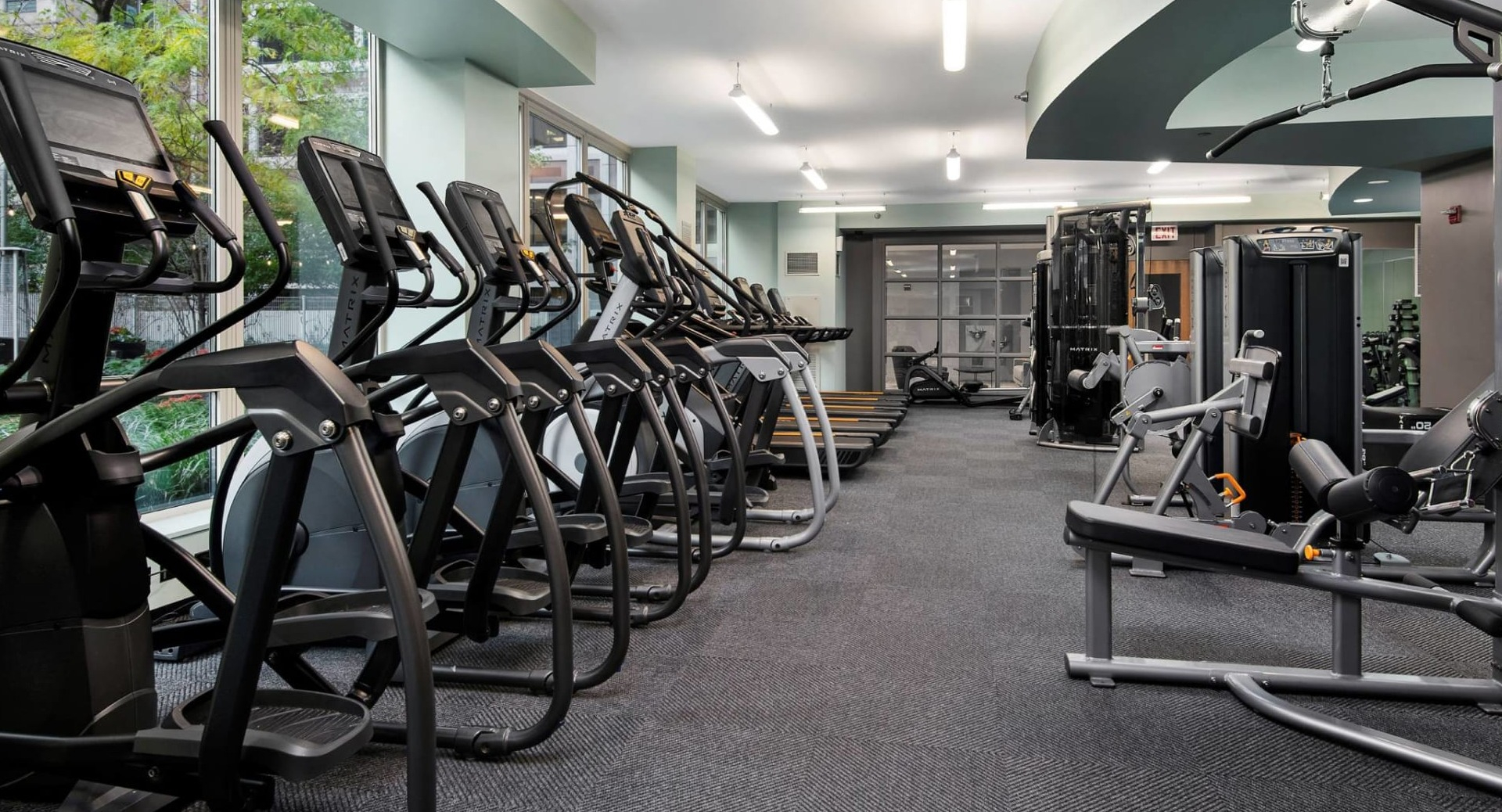 Resident fitness center at 215 West apartments in Chicago with rows of ellipticals and treadmills, strength machines, and windowed views of landscaped grounds