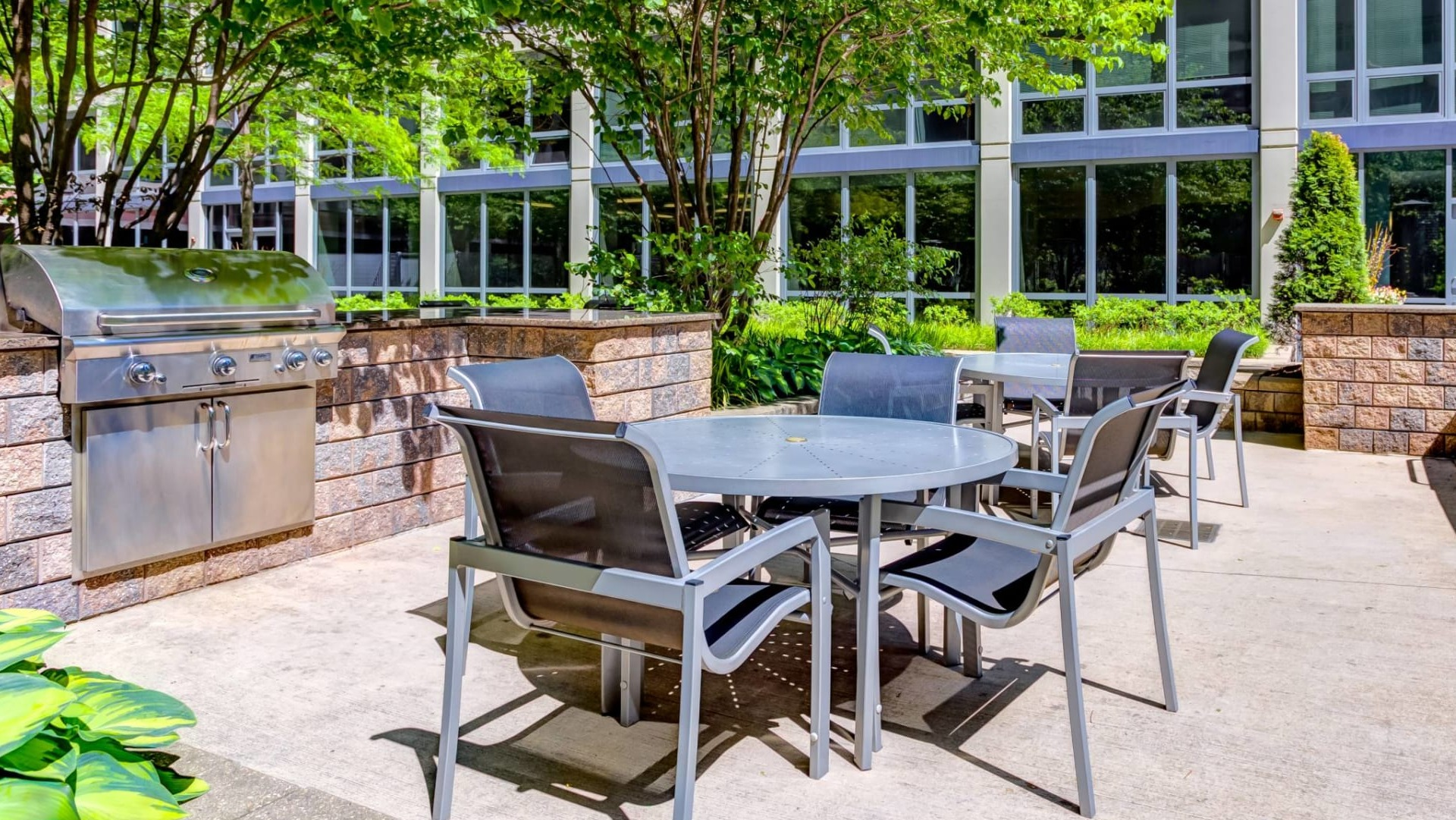 Resident grilling patio at 215 West in Chicago with stainless BBQs, café tables and chairs, and leafy landscaping in a sunny courtyard setting