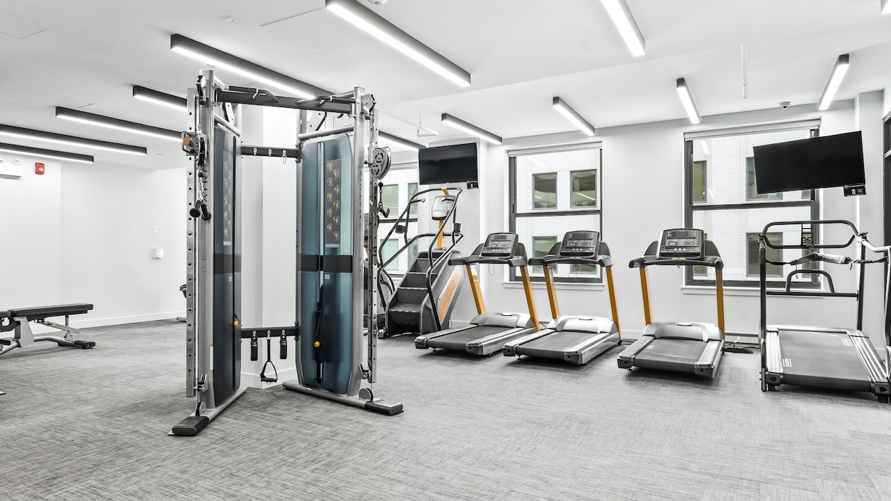 Fitness center at 330 S Wells Apartments in Chicago with cardio machines, weight equipment, and bright windows
