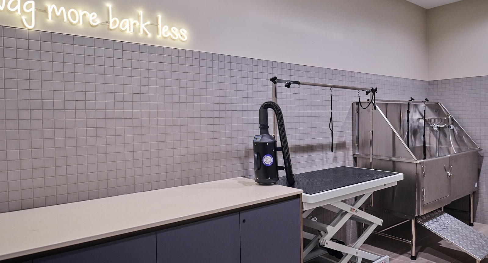 Pet spa with grooming table, pro dryer, and stainless dog wash station, with “wag more, bark less” neon at 369 Grand apartments in Chicago
