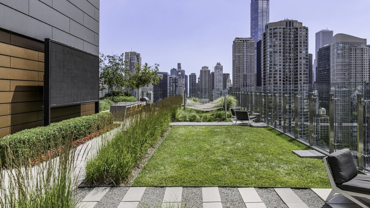 Rooftop lawn and lounge space at 3Eleven Luxury Apartments in Chicago featuring hammocks, grass seating area, and skyline views