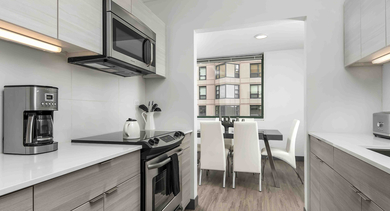 Bright kitchen with stainless steel appliances, light wood cabinetry, and open access to the dining area at 420 East Ohio apartments in Chicago
