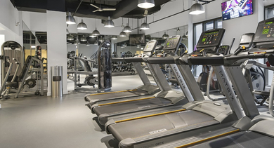 Fitness center with treadmills, cardio equipment, and modern lighting at 420 East Ohio apartments in Chicago, ideal for residents focused on active living