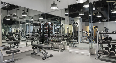 Spacious fitness center with weight racks, benches, and mirrored walls at 420 East Ohio apartments in Chicago, offering strength and conditioning equipment