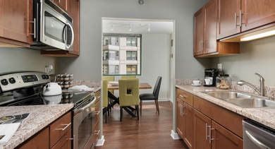 Traditional kitchen with warm wood cabinets, granite countertops, and stainless steel appliances at 420 East Ohio apartments in Chicago