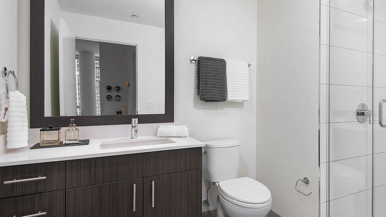Contemporary bathroom with walk-in shower, modern vanity, and neutral design at 465 North Park apartments in Chicago