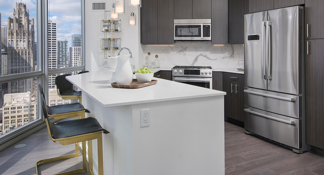Modern kitchen with stainless steel appliances, pendant lighting, and city views at 465 North Park apartments in Chicago