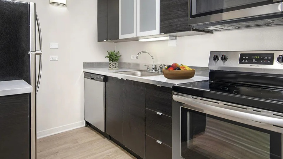 Contemporary L-shaped kitchen with dark wood cabinets, stainless appliances, and light counters creating contrast at 55 West Chestnut apartments in Chicago