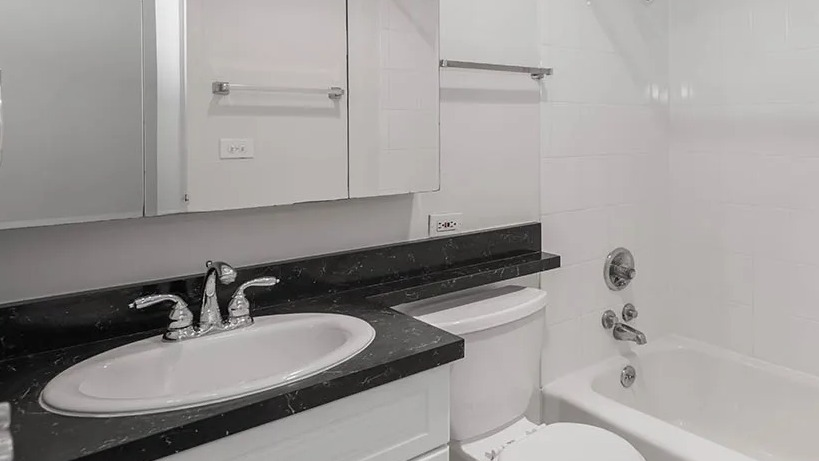 Bright modern bathroom with mirrored medicine cabinets, black stone vanity, and tub with shower at 65 East Scott apartments in Chicago