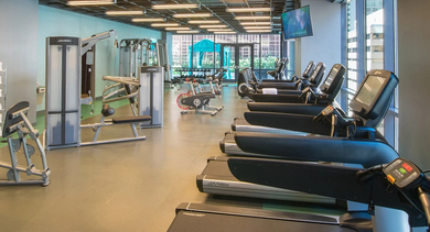 Expansive fitness center with treadmills, strength machines, and cycling area overlooking the terrace at 73 East Lake apartments in Chicago