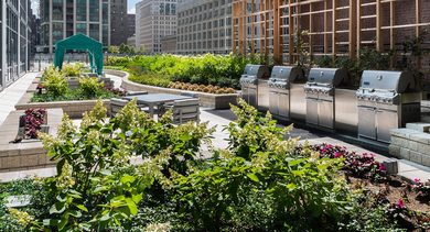 Landscaped outdoor terrace with multiple stainless BBQ grills and seating at 73 East Lake apartments in downtown Chicago