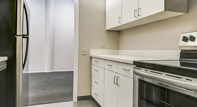 Modern kitchen at 731 Plymouth in Chicago showcasing stainless appliances, white cabinetry, solid-surface counters, and a doorway to the living area