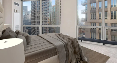 Modern bedroom with corner floor-to-ceiling windows and downtown views at 750 N Rush St apartments in Chicago, offering bright natural light and a spacious retreat