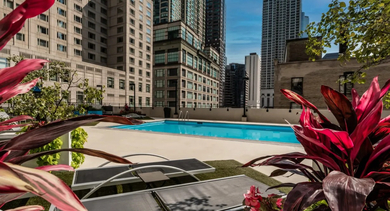 Elevated outdoor pool framed by planters and loungers with skyline views at 750 N Rush St apartments in Chicago, ideal for residents seeking resort-style amenities