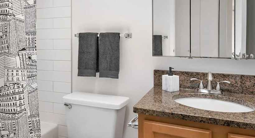 Updated bathroom with granite vanity, subway-tile tub, and a playful cityscape shower curtain at 777 South State apartments in Chicago