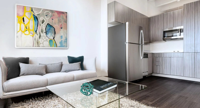 Sunlit living area with glass coffee table, shag rug, and stainless steel kitchen under lofted ceilings at 820 Michigan apartments in Chicago