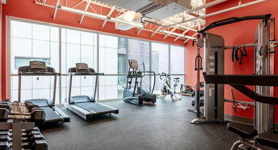 On-site fitness center featuring treadmills, bikes, free weights, and strength machines beside large windows at 820 Michigan apartments in Chicago