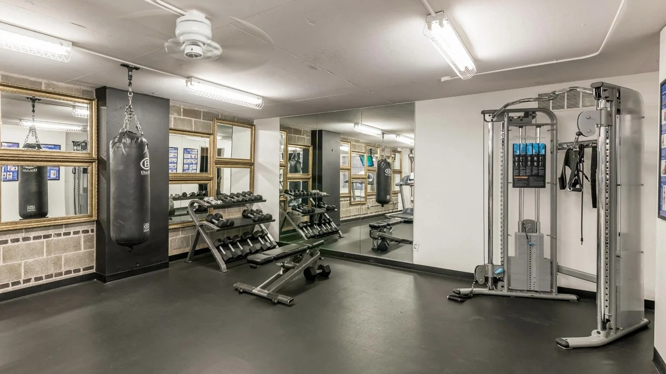Fitness studio with free weights, cable machine, heavy bag, and wall mirrors for strength training at 860 N Dewitt Apartments in Chicago