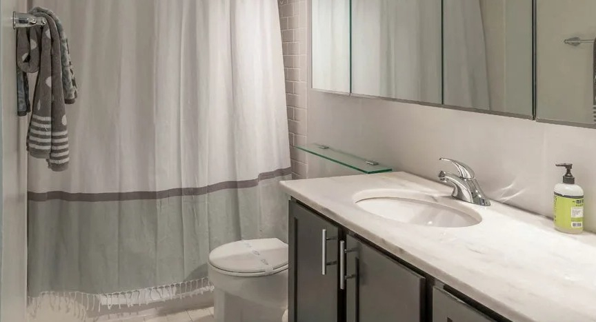 Contemporary bathroom with long vanity, mirrored cabinets, bright lighting, and a shower-tub with curtain at 860 N Dewitt Apartments in Chicago