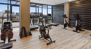 Spacious indoor gym with cardio machines, weight benches, mirror wall, and durable rubber flooring at Aberdeen East Apartments in Chicago
