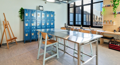 DIY makers studio at AMLI 808 in Chicago with worktables, tools, and creative space—ideal for crafting, quick repairs, and hobby projects at home