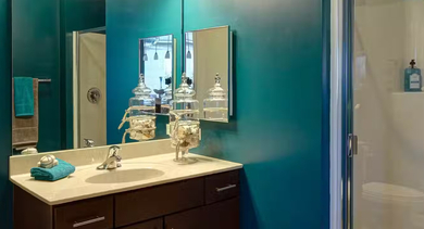 AMLI 900 bathroom showcasing teal walls, a wide vanity with mirror, decorative jars, and a glass-enclosed shower for a clean, modern look in Chicago