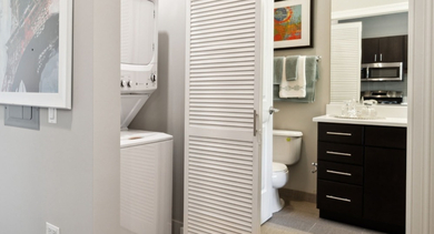 Apartment entrance hallway showing a stacked washer and dryer unit, with a view into a modern bathroom at AMLI Lofts