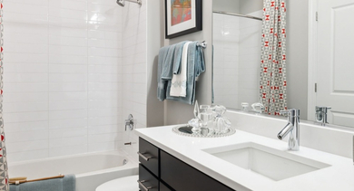 Modern bathroom with a clean tub and shower combination, stylish vanity, and contemporary decor at AMLI Lofts in Chicago