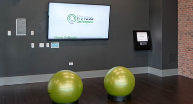 Dedicated fitness studio with exercise balls and a large screen for virtual workouts at AMLI Lofts in Chicago