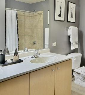 Spacious bathroom with dual sinks, modern decor, and a large mirror at Aqua at Lakeshore East