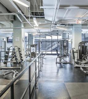 Spacious fitness center with state-of-the-art equipment, free weights, and ample natural light at Aqua at Lakeshore East