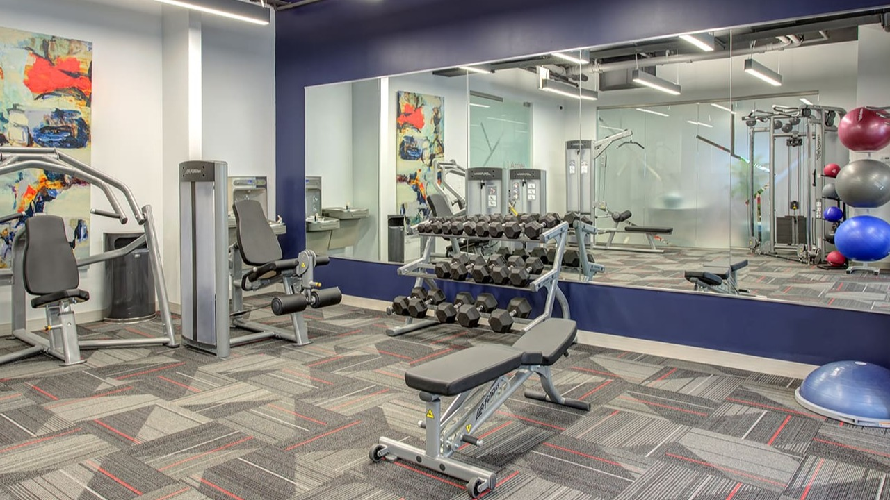 Well-equipped fitness center at Arrive South Loop apartments, offering a variety of weight machines and free weights in Chicago