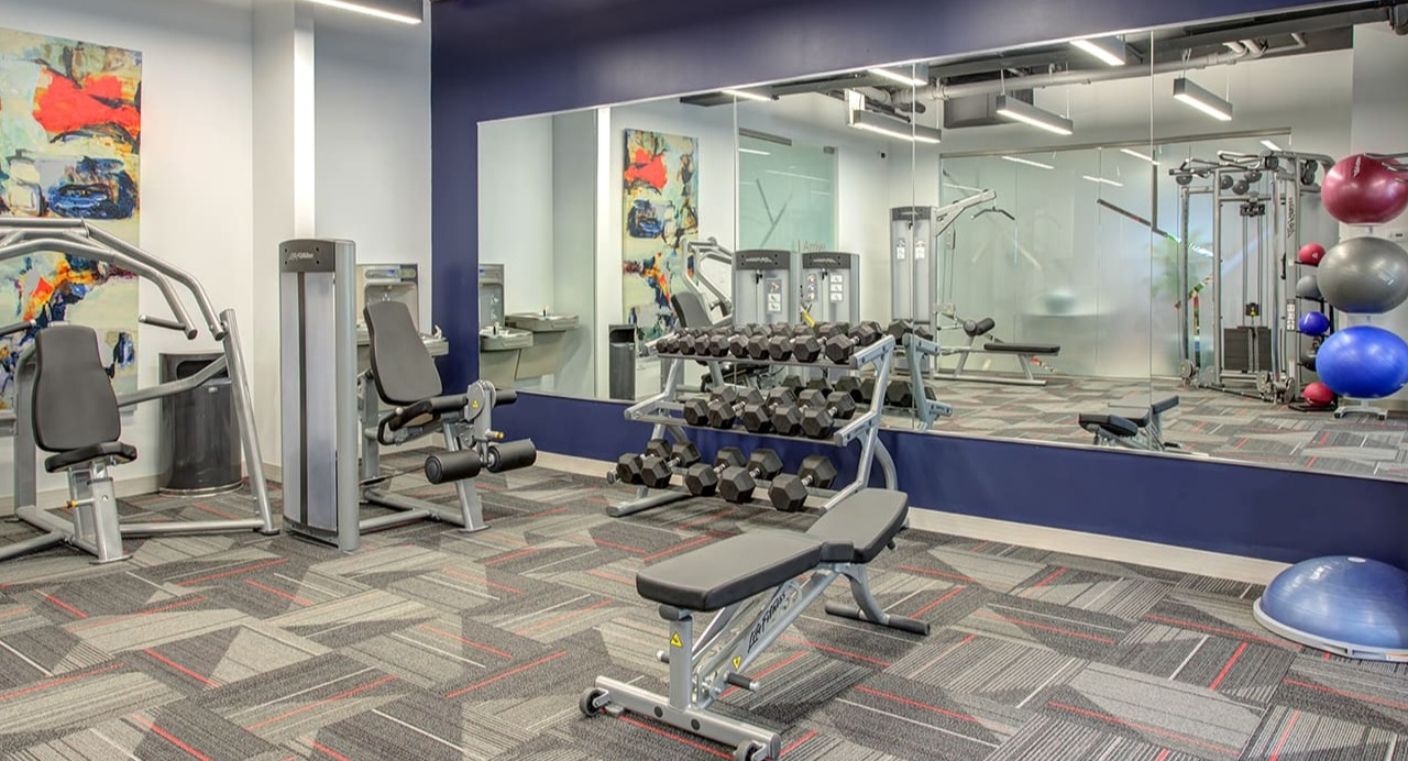 Well-equipped fitness center at Arrive South Loop apartments, offering a variety of weight machines and free weights in Chicago