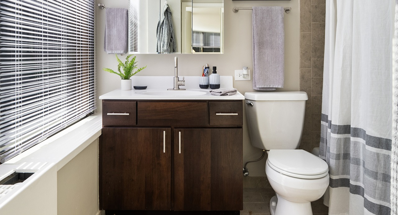 Bathroom at Arrive Streeterville with a dark wood vanity, modern sink, and large window with natural light