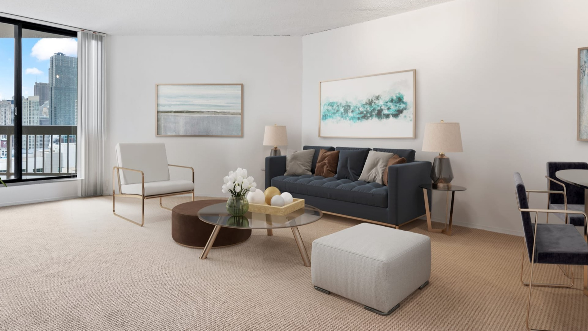 Bright living room at Asbury Plaza in Chicago with modern seating, city views, and ample natural light