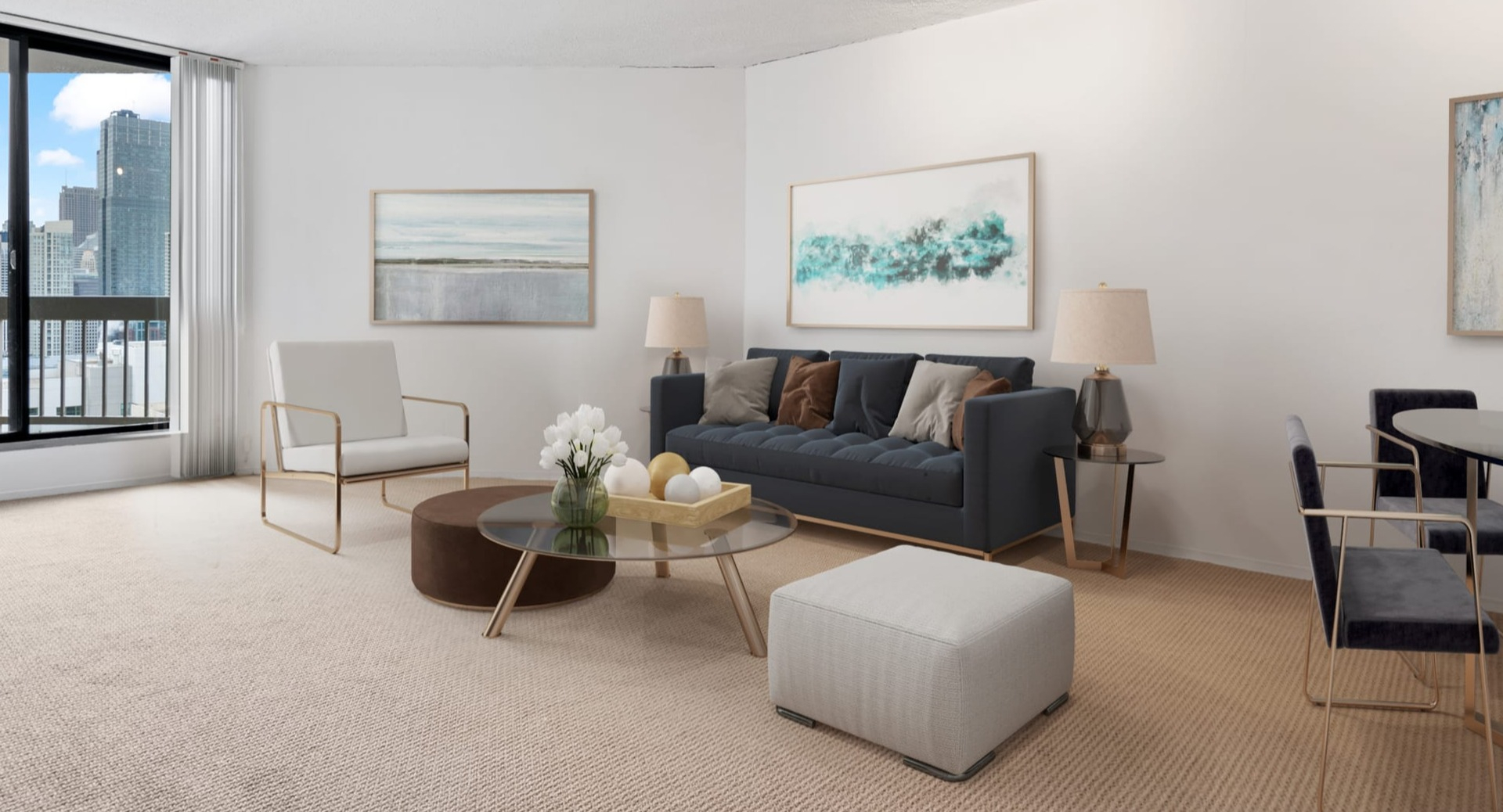 Bright living room at Asbury Plaza in Chicago with modern seating, city views, and ample natural light