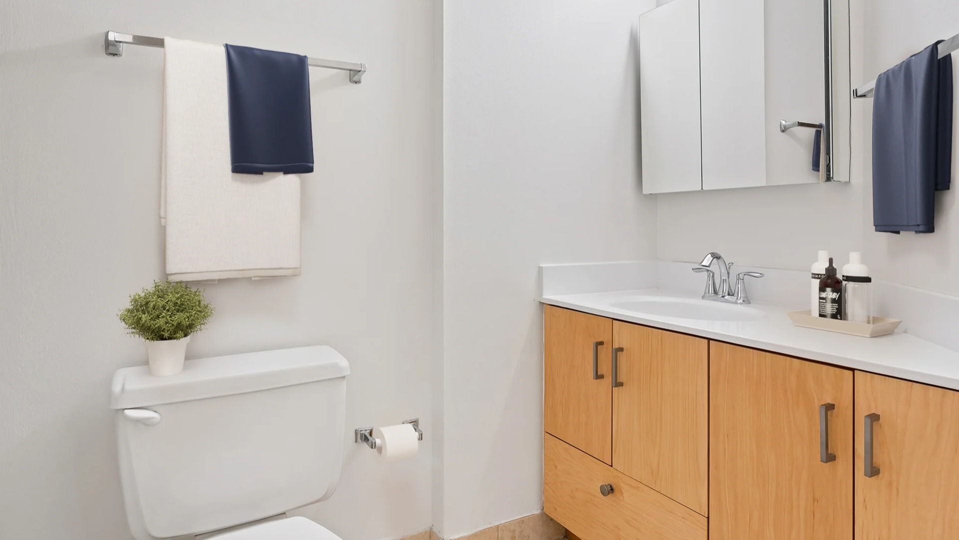 Clean and modern bathroom at Asbury Plaza in Chicago, featuring a light wood vanity and white fixtures