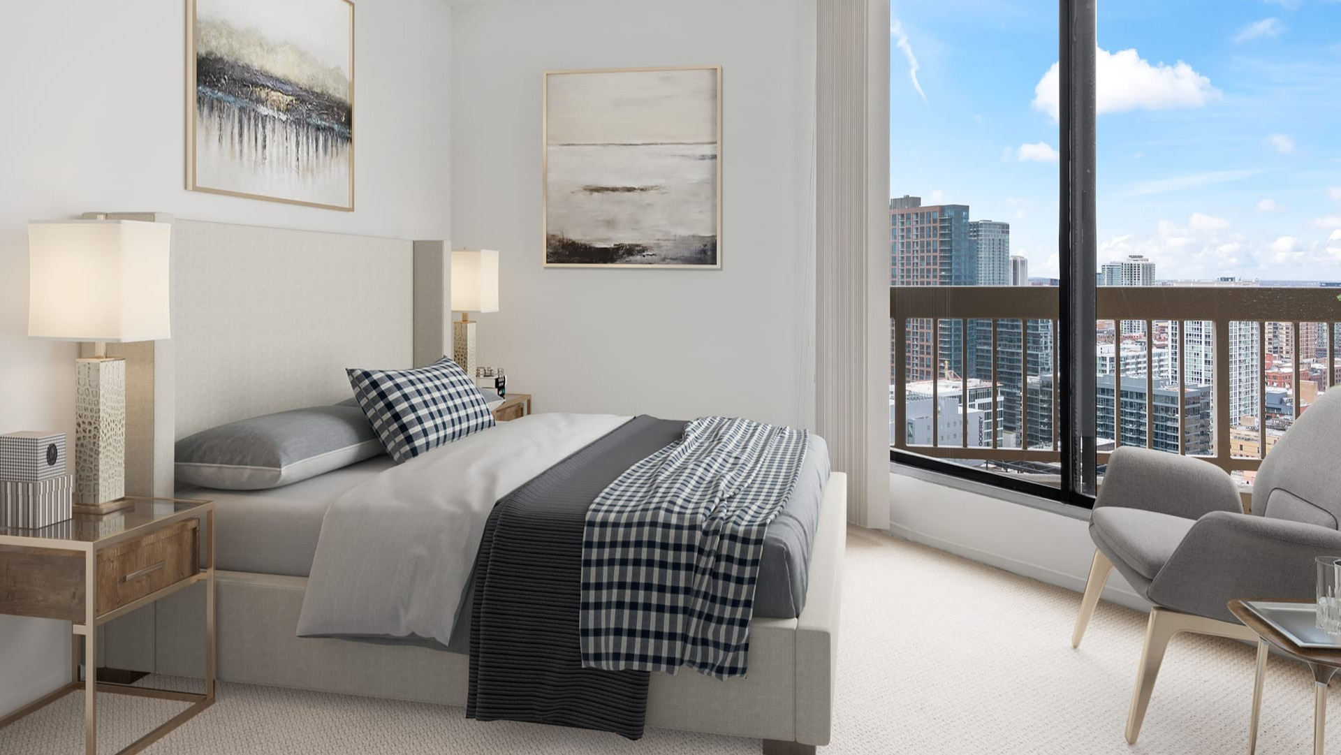 Cozy bedroom with modern furnishings and stunning city views from a large window at Asbury Plaza in Chicago