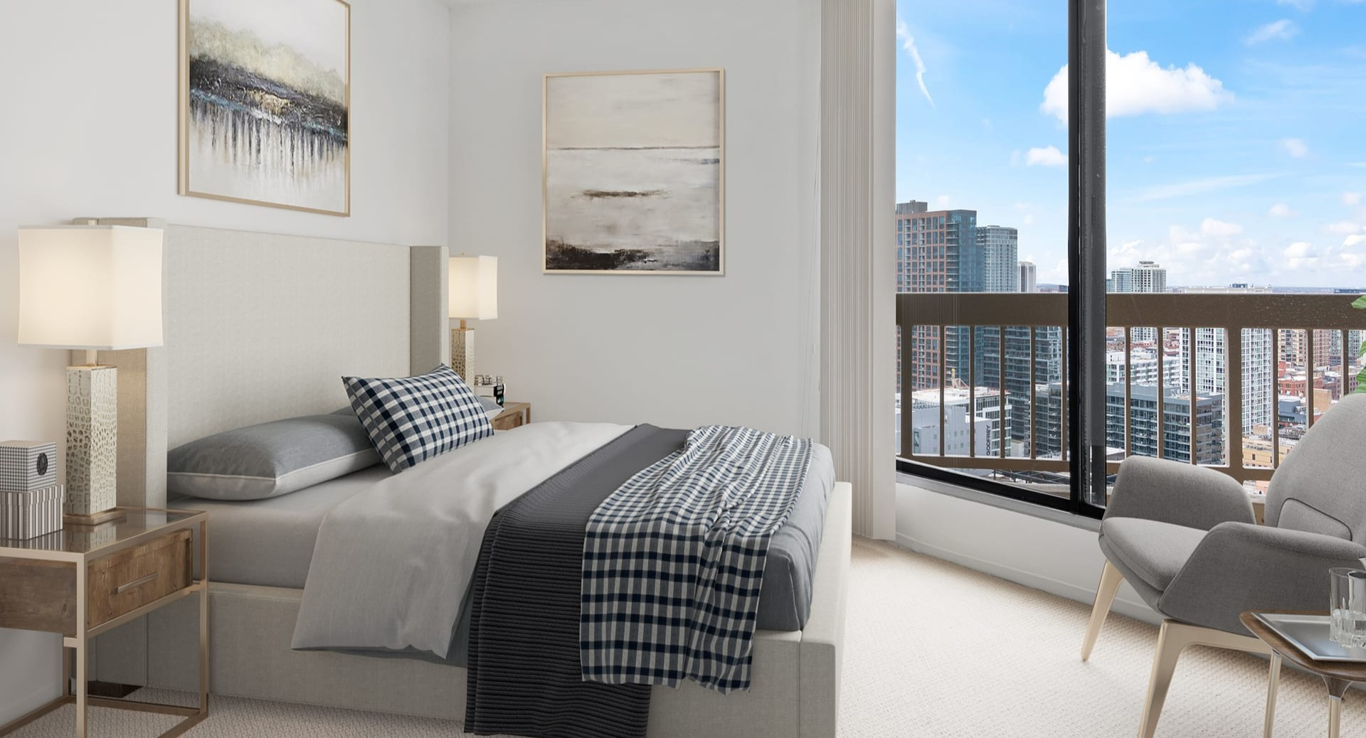 Cozy bedroom with modern furnishings and stunning city views from a large window at Asbury Plaza in Chicago