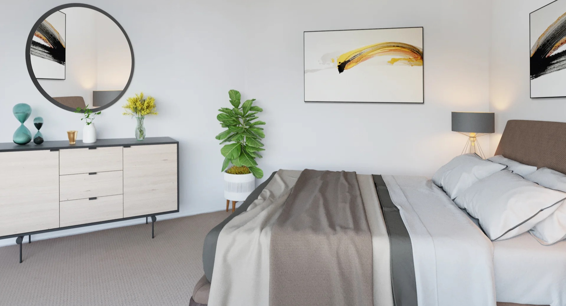 Cozy bedroom at Asbury Plaza in Chicago, featuring a comfortable bed, stylish dresser, and contemporary art