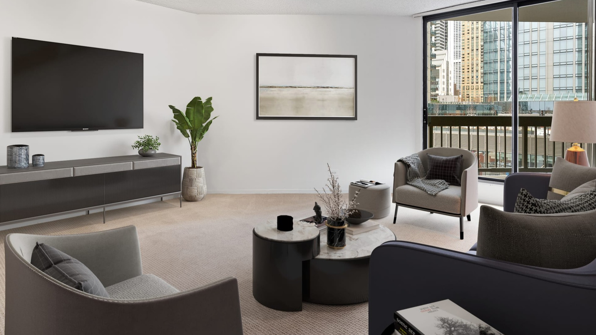 Elegant living area at Asbury Plaza in Chicago, offering comfortable seating, stylish decor, and city views