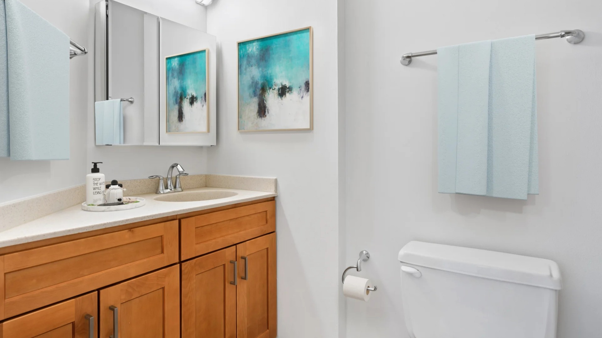 Modern bathroom with sleek wooden vanity, white toilet, and contemporary wall art at Asbury Plaza in Chicago