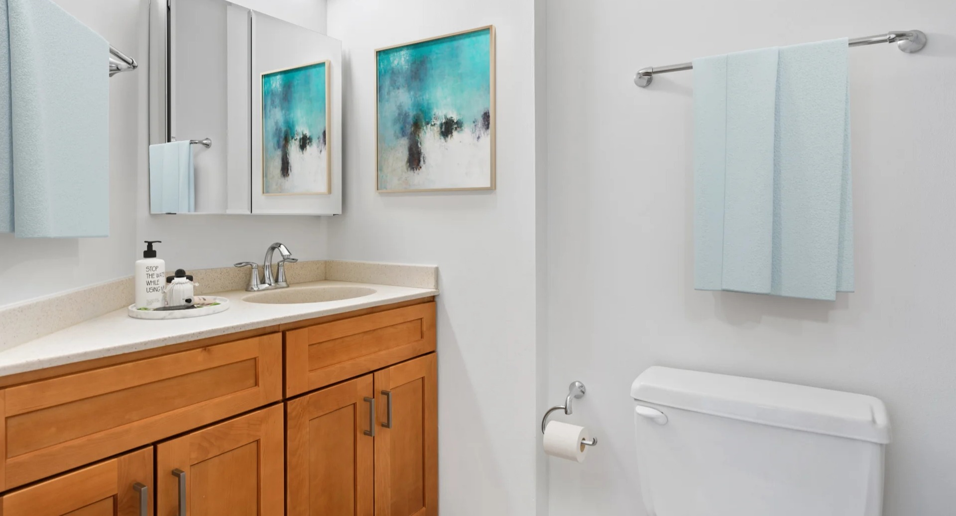 Modern bathroom with sleek wooden vanity, white toilet, and contemporary wall art at Asbury Plaza in Chicago