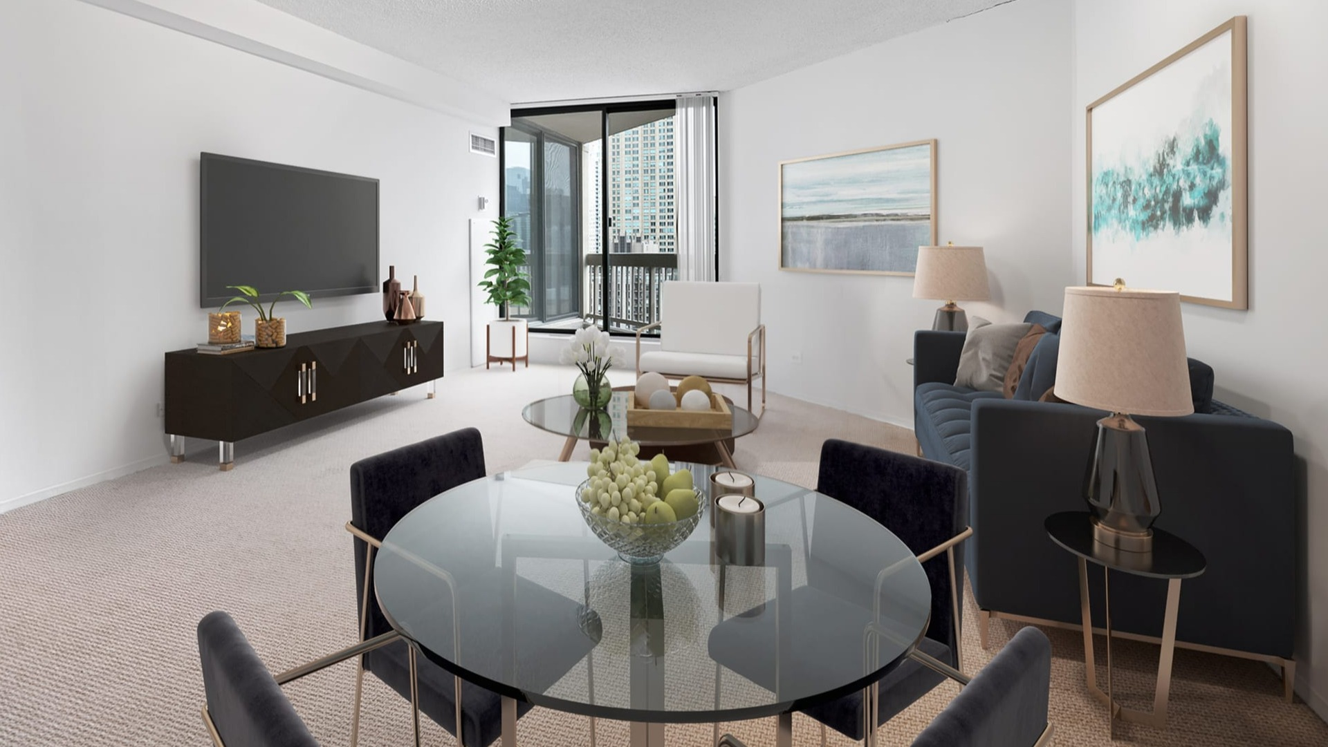 Spacious open-plan living and dining area at Asbury Plaza in Chicago with city views and modern furniture