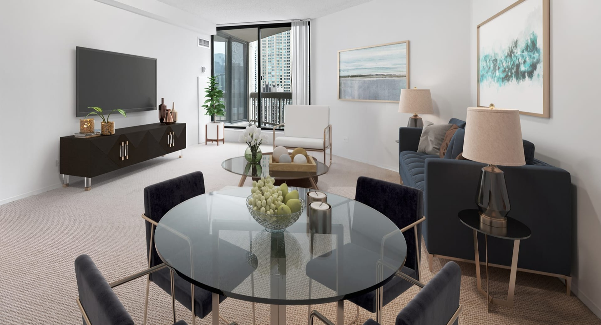 Spacious open-plan living and dining area at Asbury Plaza in Chicago with city views and modern furniture