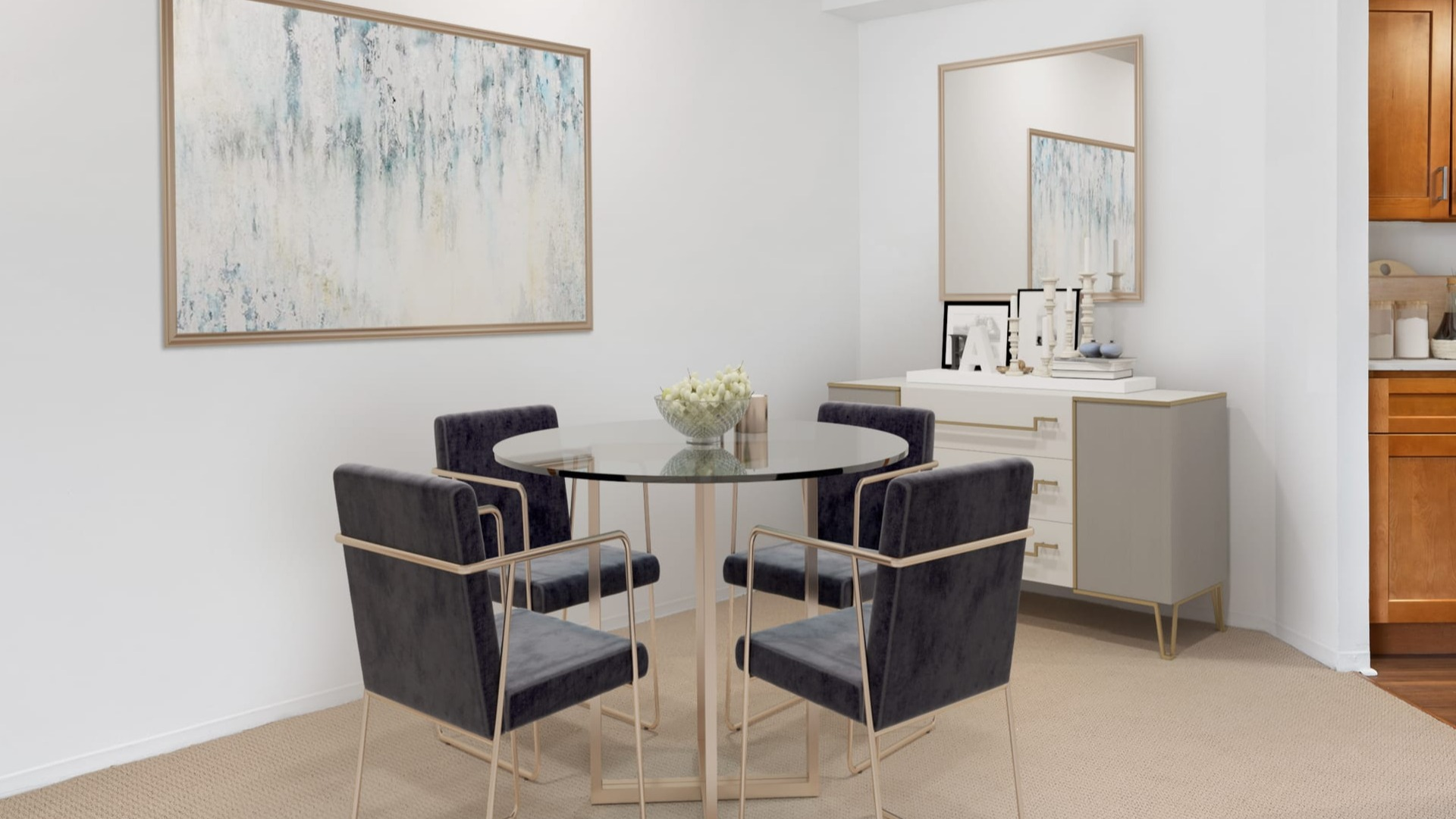 Stylish dining area at Asbury Plaza in Chicago with a glass table, modern chairs, and adjacent kitchen view
