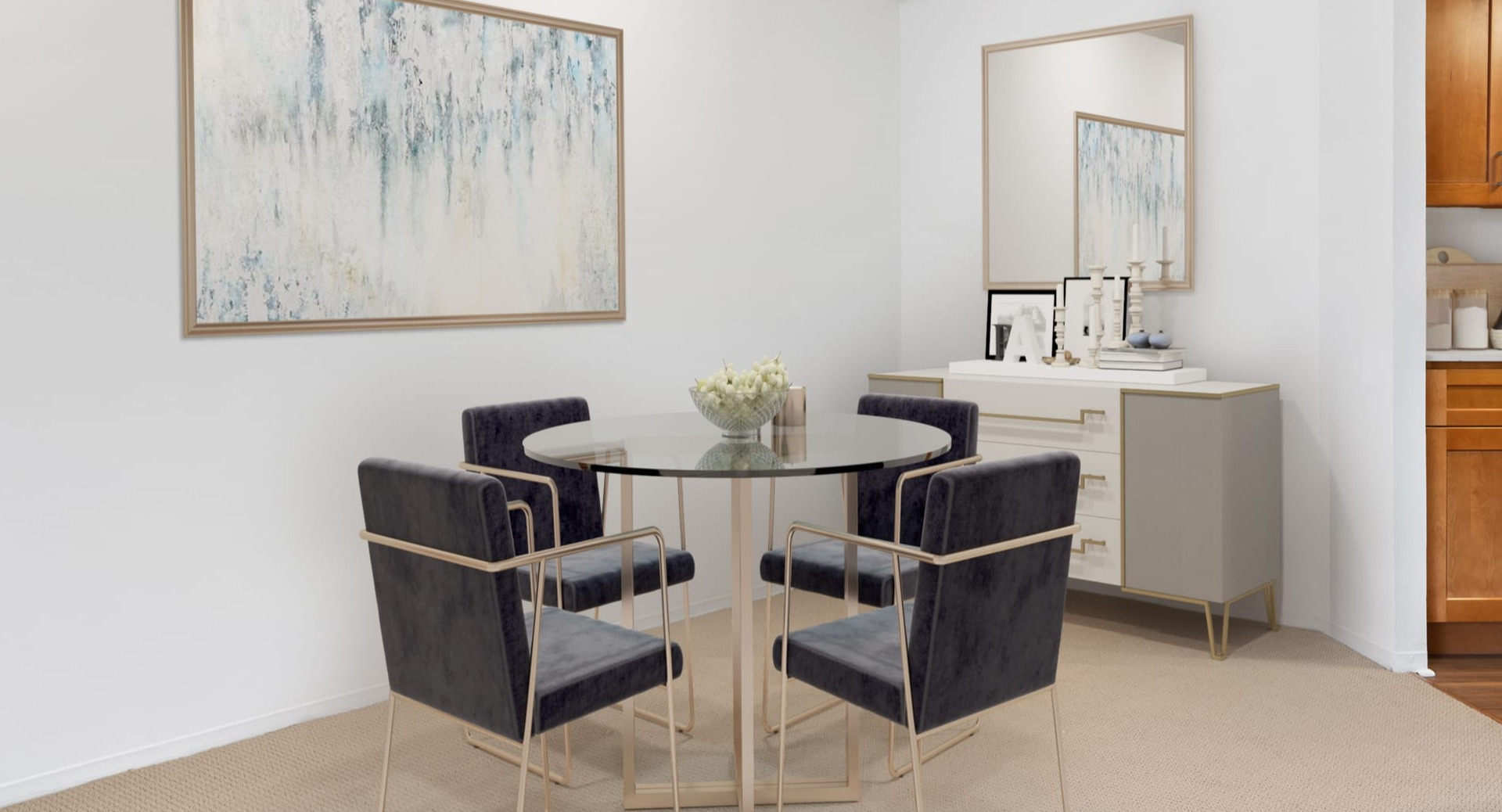 Stylish dining area at Asbury Plaza in Chicago with a glass table, modern chairs, and adjacent kitchen view