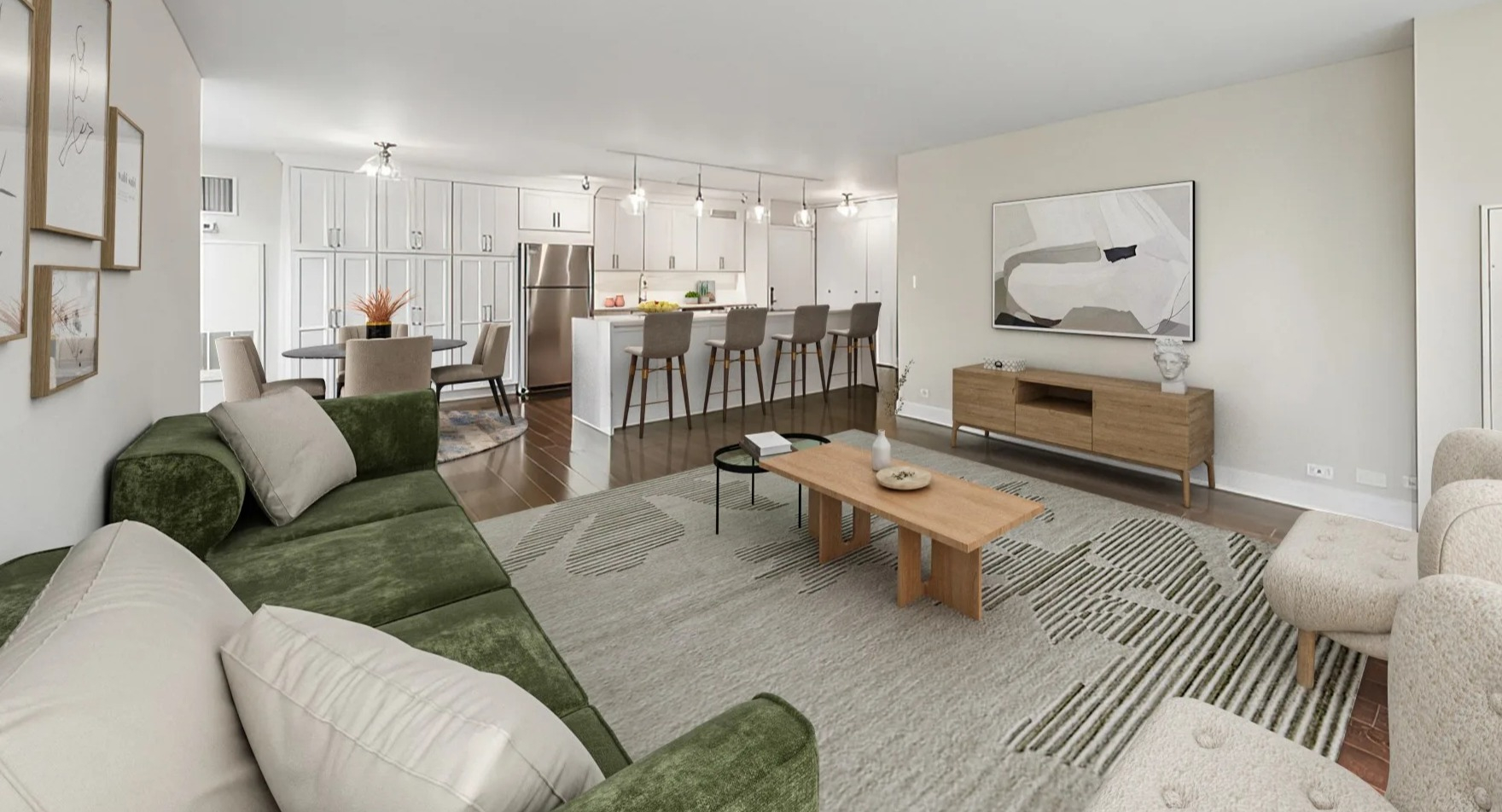 Spacious living and dining area with a green sofa, stylish decor, and an open kitchen at Astor House Apartments in Chicago