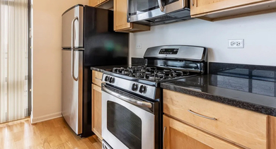 Sleek kitchen with light wood cabinets, stainless steel appliances, and adjacent balcony access at Astoria Tower Chicago apartments